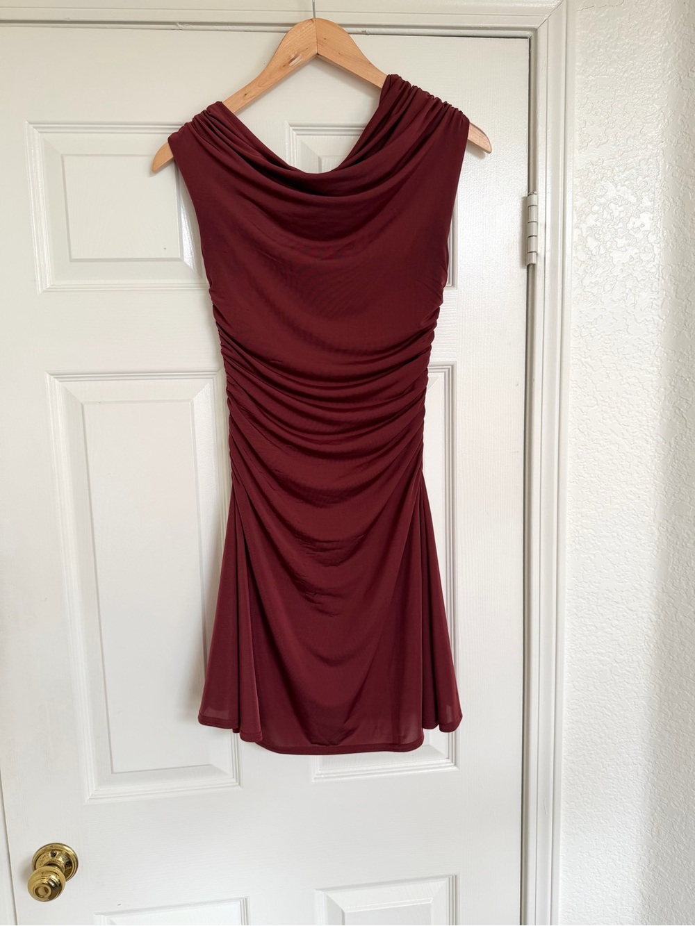 Meshki Draped Cowl Neck Mini Dress in Burgundy Red Size S - Picture 2 of 5